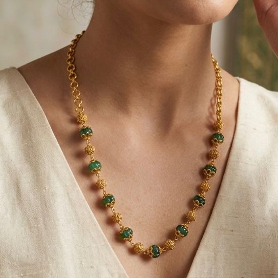 925 Sterling Silver Green and Gold Beads Necklace