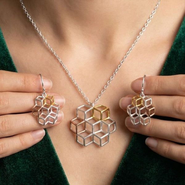 Sterling Silver Cuboid Shape Pendant with Earring