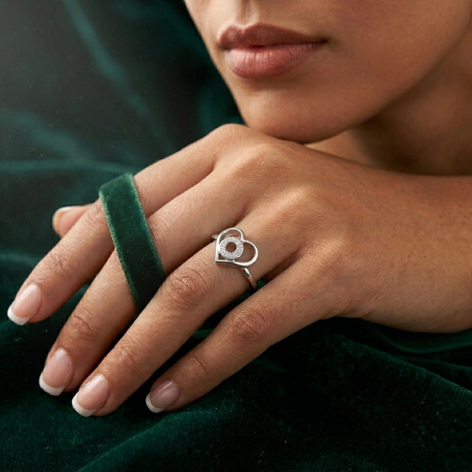 925 Sterling Silver Double Hollow Heart CZ ring