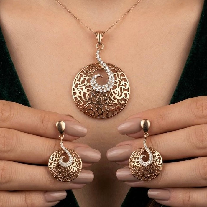 925 Sterling Silver Rose Gold  Soulmate Pendant With Earring
