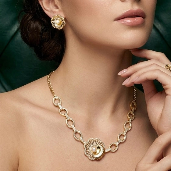 Flower Pearl Necklace With Earrings 925 Sterling Silver