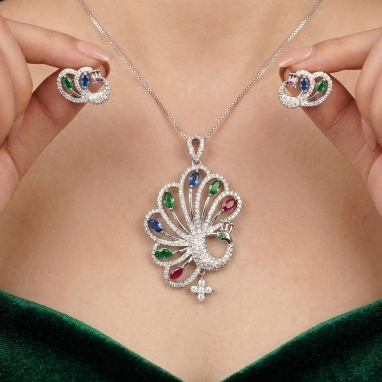 925 Sterling Silver Peacock Pendant Set