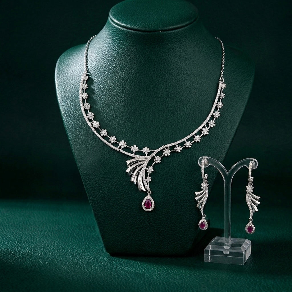 Flower Ruby Necklace With Drop Earrings 925 Sterling Silver