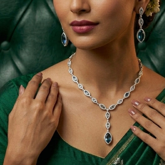 Buy 925 Sterling Silver Jewellery Aqua Stone CZ Necklace Set with Ring & Bracelet for women