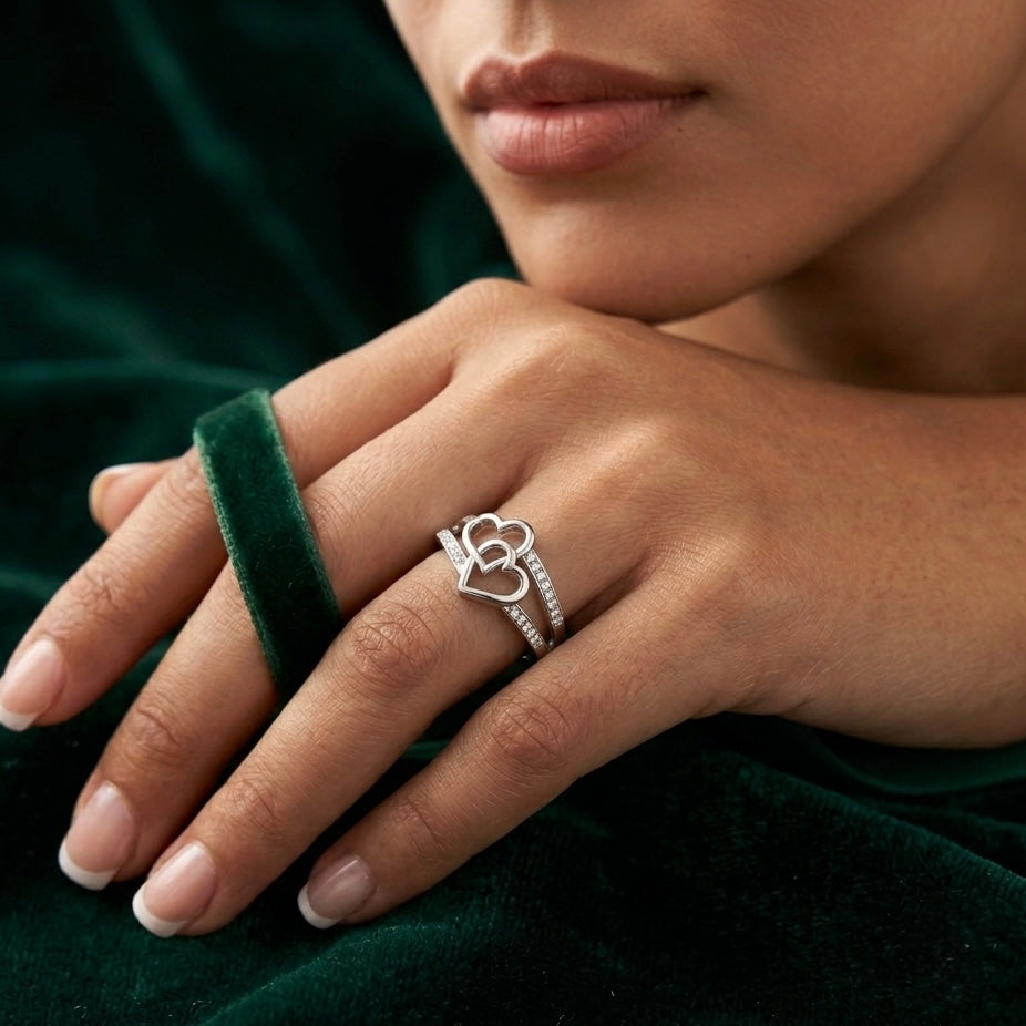 925 Sterling Silver Double Heart Ring