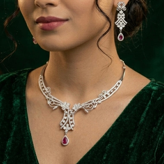 Ruby Necklace With Earrings 925 Sterling Silver Jewellery for women