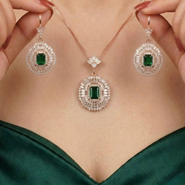 925 Sterling Silver Green Stone Pendant With Earring