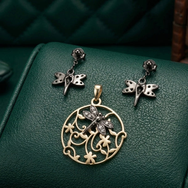 925 Sterling Silver Jewellery Dragon Fly Pendant With Earring