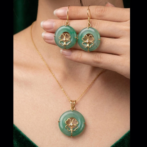 925 Sterling Silver Jewellery Light Green Jade Pendant with Earring