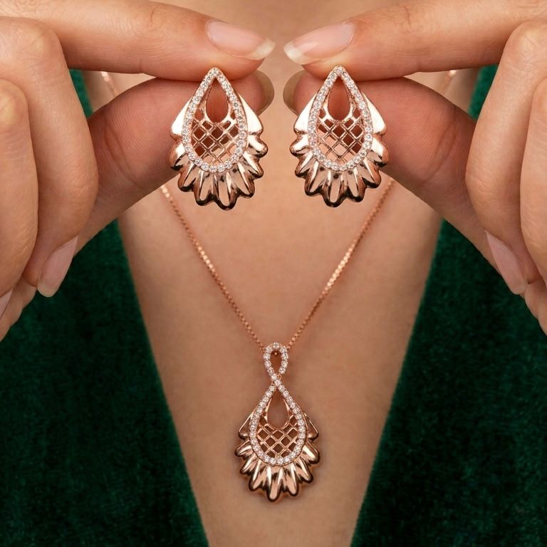 925 Sterling Silver Rose Gold Floral Pendant With Earring