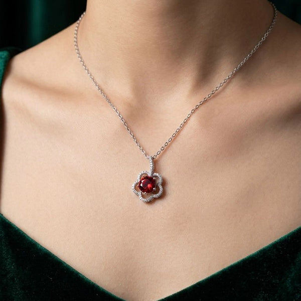 925 Sterling Silver Halo Flower Synthetic Ruby Chain Pendant