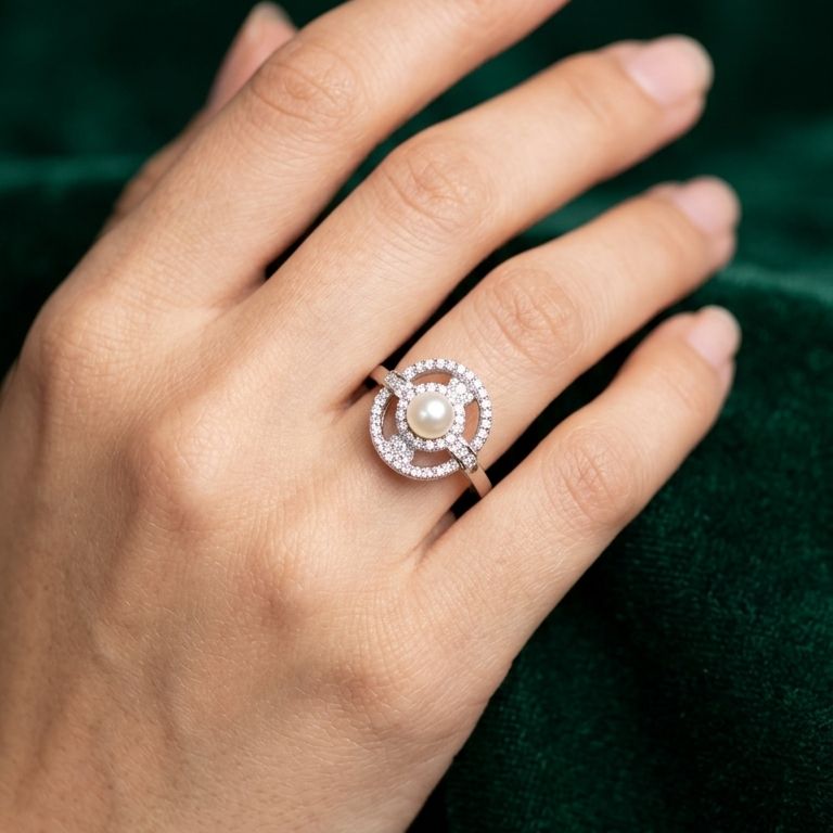 925 Sterling Silver White Pearl Cubic Zirconia  Ring