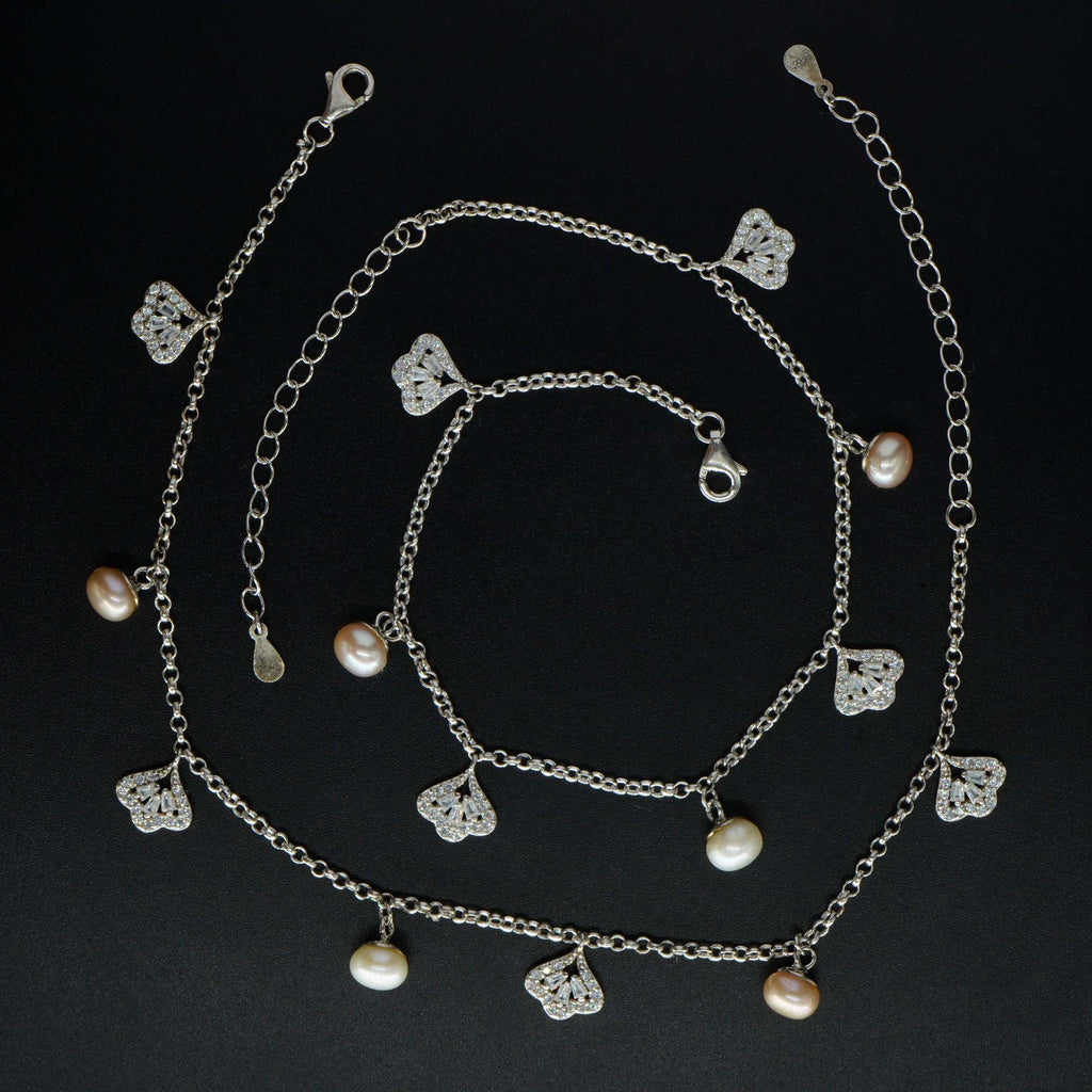 925 Sterling Silver Pink Pearl CZ Flower Anklet