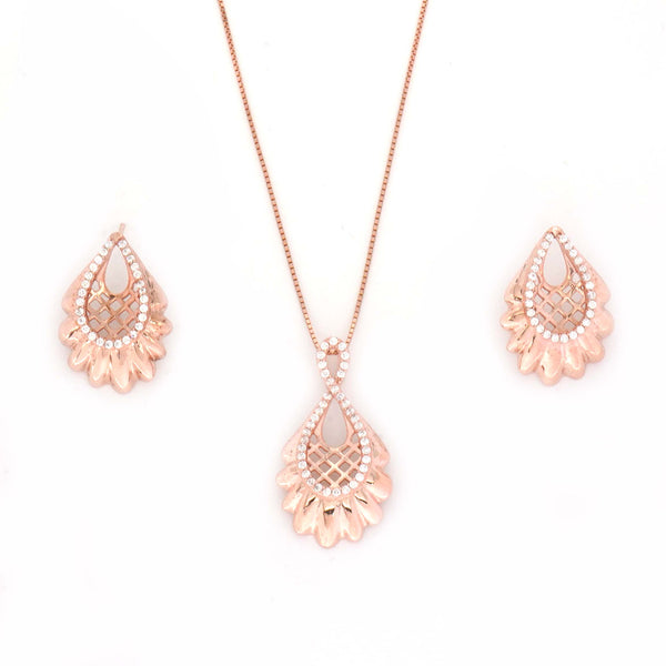 925 Sterling Silver Rose Gold Floral Pendant With Earring