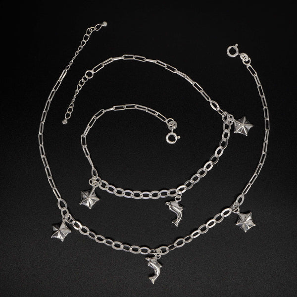 925 Sterling Silver Elegant Dolphin Star Anklet