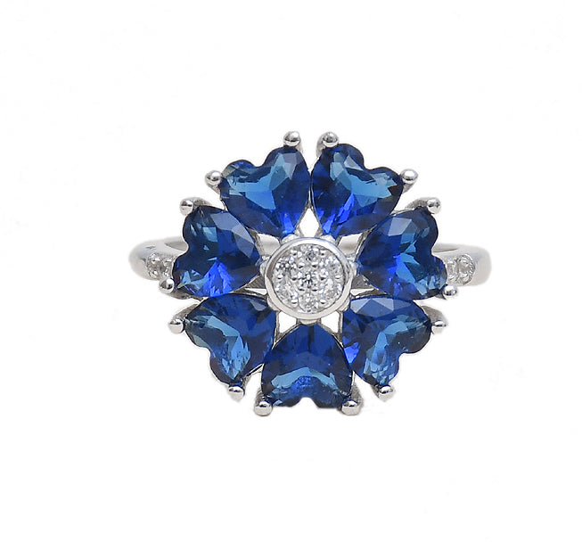 Sterling Silver Flower Blue Sapphire CZ Ring - Auriann