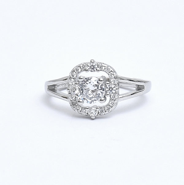 Sterling Silver Cushion Shaped Solitaire Halo Ring - Auriann