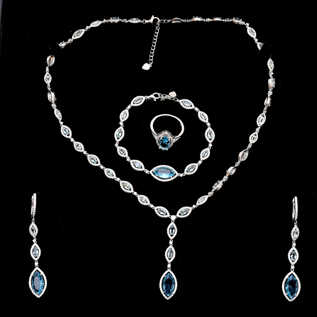 Silver Aqua Stone CZ Necklace Set with Ring & Bracelet - Auriann