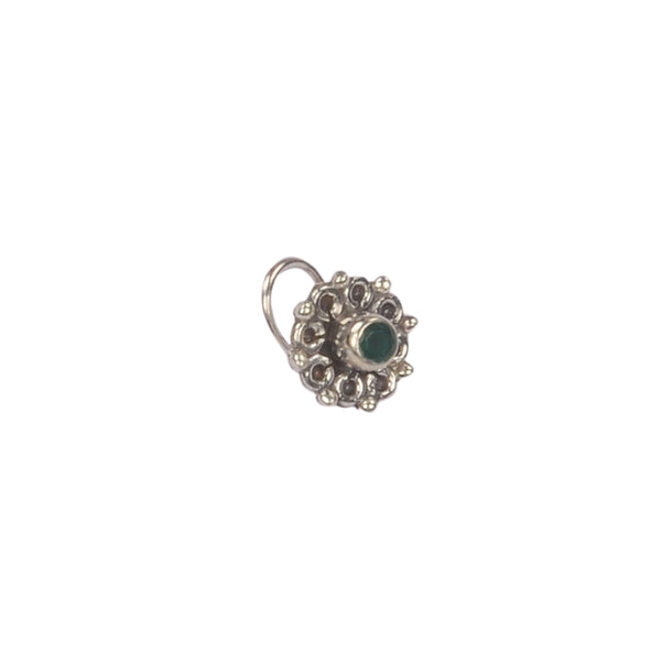 RITI- 925 Sterling Silver Oxidised Nose Ring with Green Zircon