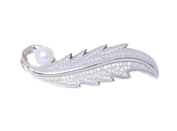 Sterling Silver Leaf Shape Pearl CZ Brooch - Auriann